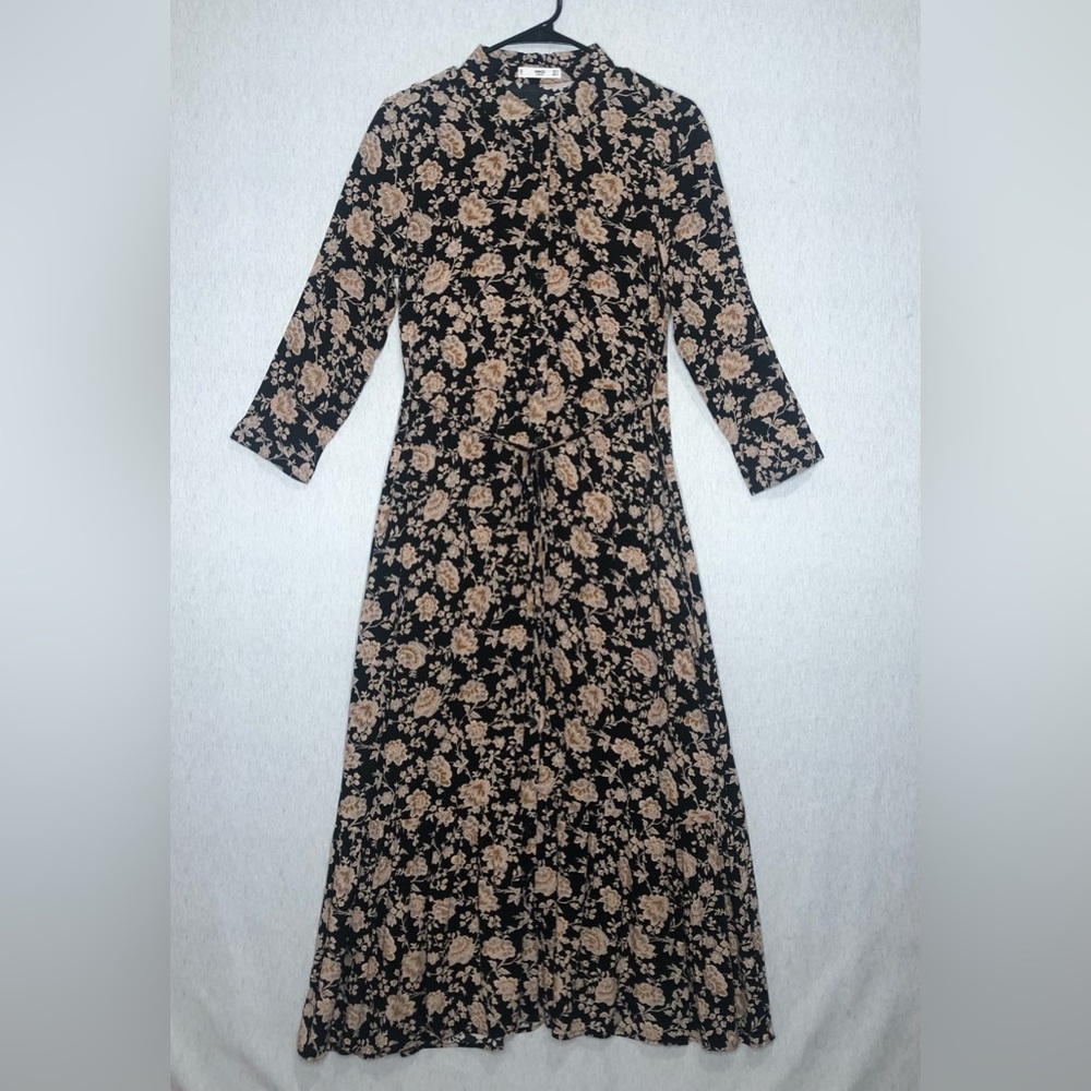 Mango Button Up Maxi Shirt Dress US 6 Fall Floral Print Black Beige Fall Ditsy